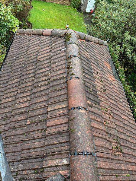 Looking down the ridge line, moss along the tiles and the ridge joints