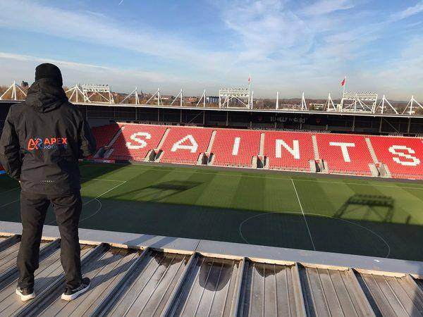 Looking out over the pitch from the stand roof we were working on
