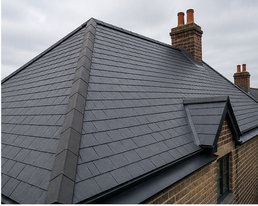 Completed slate roof by Apex Roofing