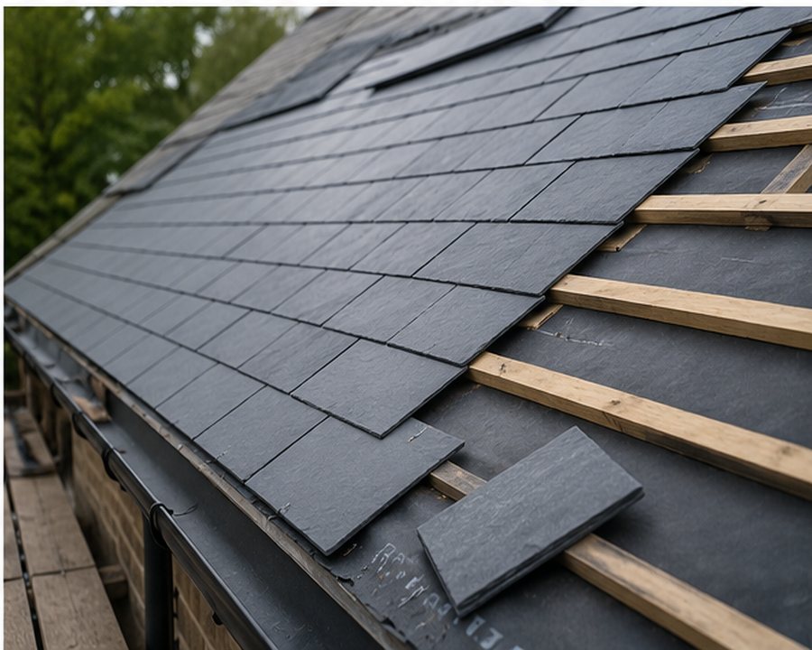 Slate roofing detail during a re-roof
